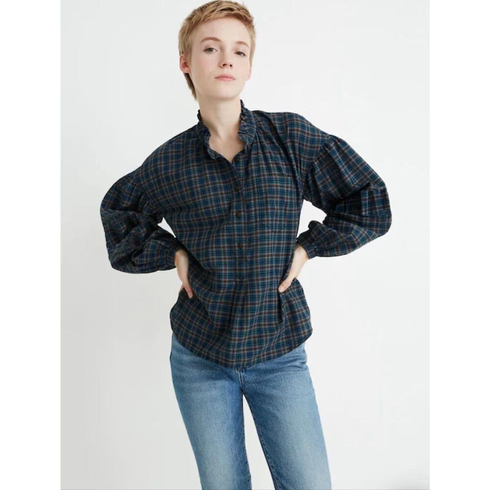 Madewell Plaid Ruffle-Neck Popover Top 100% Cotton Women’s Size M